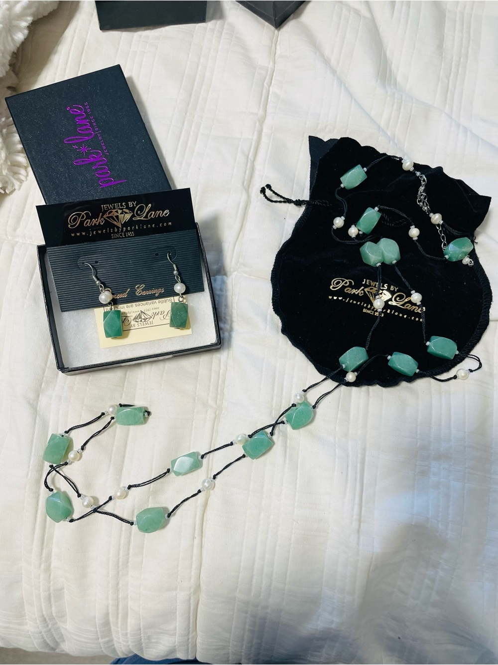 Park Lane Green Stone and Pearl Drop Earrings set